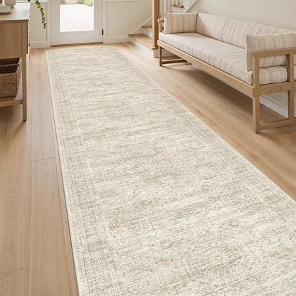 Soalmost Runner Rug 2'6" x 12' Washable Non-Slip Runner Rugs for Kitchen Bathroom Laundry Room Vintage Ultra Thin Runners for Hallway Entryway Beige