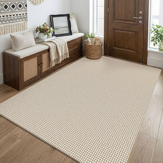 KOZYFLY Washable 4x5 Entry Woven Area Rug, Braided Throw Rugs for Entryway, Non Slip Door Mat Indoor Entrance, Flatweave Carpet for Foyer, Bedroom, Dining, Office, Ivory/Camel/Brown