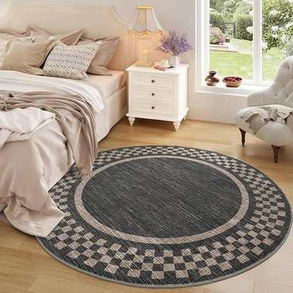 4ft Washable Round Rug for Entryway Modern Checkered Bedroom Circle Rug Non Slip Soft Dining Room Round Throw Carpet Small Stain Resistant Border Round Rugs for Living Room Kitchen Bathroom, Black