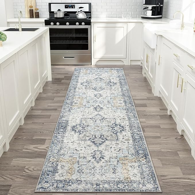 GENIMO Runner Rug 2x5, Machine Washable Non Slip Vintage Runner Rug, Low Pile Lighrweight Rugs for Entryway, Hallway, Kitchen and Corridor, Blue