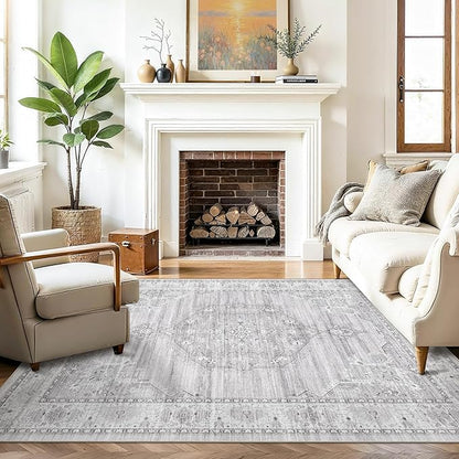 Washable Area Rugs 5x6 Entryway: Soft Ultra Thin Low Pile Mat Machine Washable Indoor Doormat Lightweight Entry Rug Anti Slip Backing Rugs for Living Room Bedroom Kitchen 5'x6' Light Grey