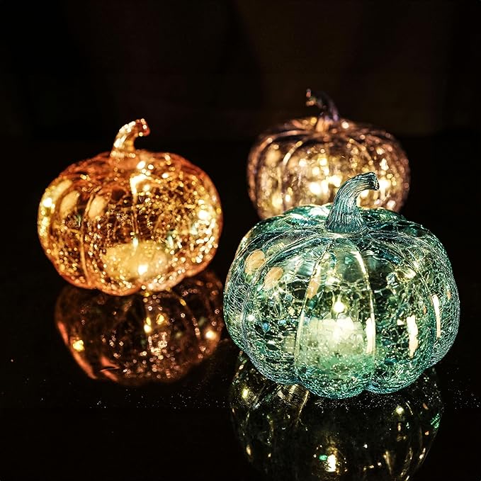 Aqua Blue Crackle Glass Pumpkin Twinkling Light with Timer- Fall Decoration for Home-Lamps for Festive Decoration-Halloween Decorations