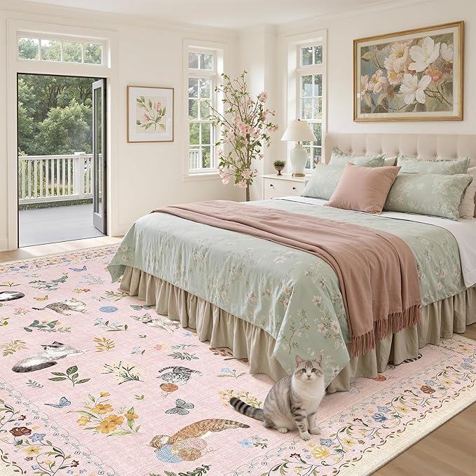 Soalmost Cat 9x12 Pink Area Rugs for Baby Girl Nursery, Washable Animal Floral Vintage Rug Non-Slip Low Pile Soft Throw Rugs for Living Room Dining Room Bedroom Playroom Classroom (9 x 12,Pink)