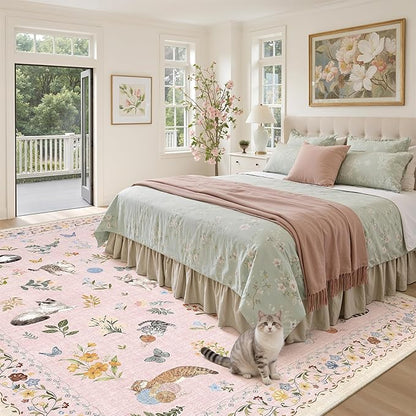 Soalmost Cat 9x12 Pink Area Rugs for Baby Girl Nursery, Washable Animal Floral Vintage Rug Non-Slip Low Pile Soft Throw Rugs for Living Room Dining Room Bedroom Playroom Classroom (9 x 12,Pink)