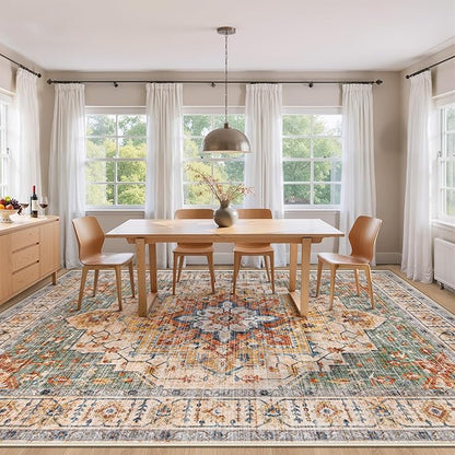 Area Rug 9x12 Vintage Rug: Large Washable Indoor Medallion Rugs Low Pile Distressed Floor Carpet Retro Accent Rug for Living Room Bedroom Kitchen Dining Table Home Office(Green/Yellow, 9'x12')