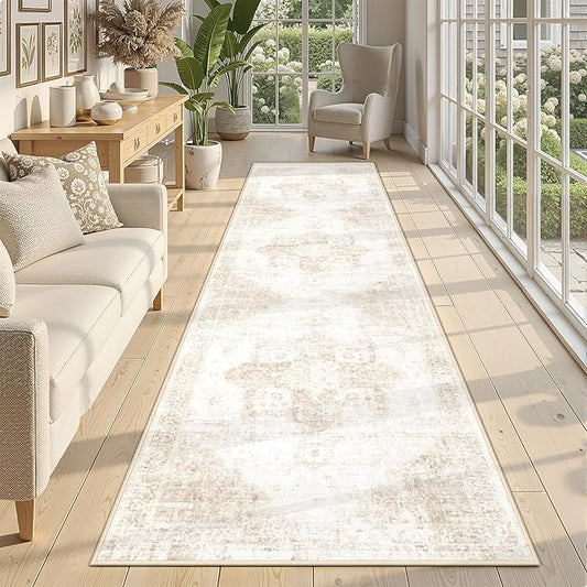 Runner Rug 2x8 Washable Rug, Vintage Boho Medallion Hallway Runner Non-Slip Soft Low Pile Distressed Floor Carpet Retro Doormat for Kitchen Bedroom Laundry Entryway Bathroom (Beige, 2'x8')