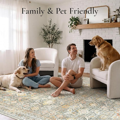 GENIMO 9x12 Area Rugs for Living Room, Machine Washable Non Slip Vintage Rugs, Low Pile Lightweight Chenille Print Rug for Bedroom, Dining Room, Home Office, Turmeric