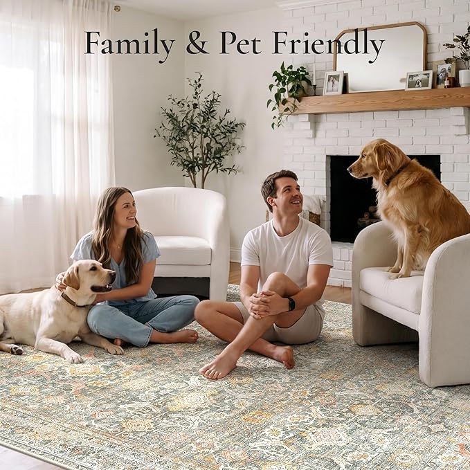 GENIMO 8x10 Area Rugs for Living Room, Machine Washable Non Slip Vintage Rugs, Low Pile Lightweight Chenille Print Rug for Bedroom, Dining Room, Home Office, Turmeric