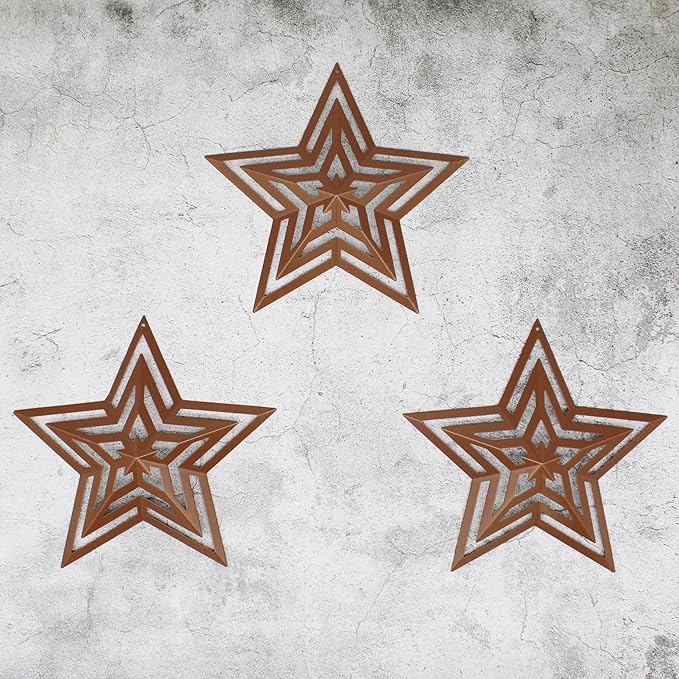 CVHOMEDECO. Primitives Rustic Antique Vintage Gifts Cut-Outs Metal Barn Star for Wall/Wreath/Door Decor, 8-Inch, Set of 3.(Brown)