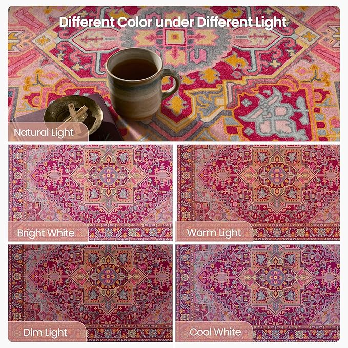 Kokia 9x12 Washable Magenta Hot Pink Area Rugs with Vintage Orient Design, Soft Rug for Living Room or Bedroom, Non-Slip Low Pile Stain Resistance Features, Distressed Medallion Pattern