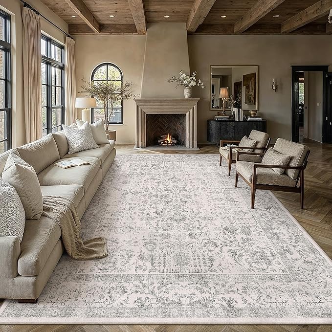 PureCozy Gray Area Rug 10x12 Machine Washable Large Vintage Living Room Distressed Non Slip Carpet Traditional Indoor Bedroom Grey Retro Floral Accent Throw Rug for Office Kitchen Dining Room