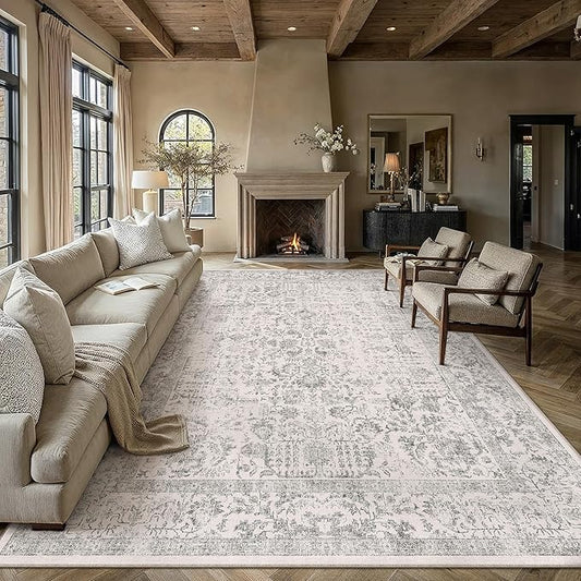PureCozy Gray Area Rug 10x12 Machine Washable Large Vintage Living Room Distressed Non Slip Carpet Traditional Indoor Bedroom Grey Retro Floral Accent Throw Rug for Office Kitchen Dining Room