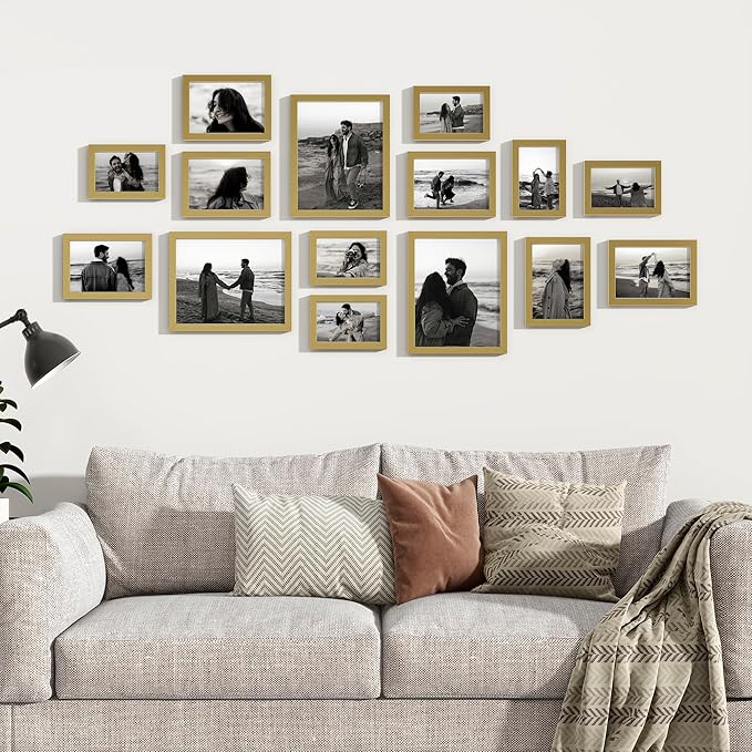 Venusmiles 15 Pack Picture Frames Collage Wall Decor, Gallery Frame Set for Wall Mounting or Tabletop Display, Multi Sizes Including 3pcs 8x10, 6pcs 5x7, 6pcs 4x6, Gold
