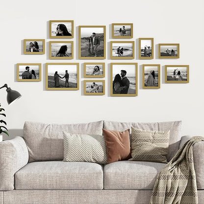 Venusmiles 15 Pack Picture Frames Collage Wall Decor, Gallery Frame Set for Wall Mounting or Tabletop Display, Multi Sizes Including 3pcs 8x10, 6pcs 5x7, 6pcs 4x6, Gold