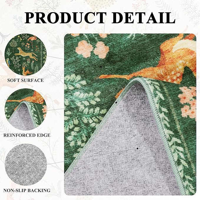 DUKINO Runner Rug, 2x7 Washable Kitchen Rugs for Hallways with Non Slip Backing, Soft Low Pile Vintage Animal Runner for Kitchen, Hallway, Entryway, Laundry, Bedroom, Green