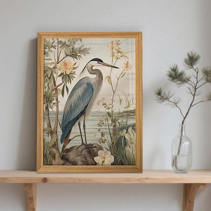 Framed William Morris Heron Wall Art, Vintage 3D Textured Botanical Wall Decor, Hand Drawn Sandstone Wildlife Picture Artwork, Modern Farmhouse Decor for Bedroom Living Room 12x16 inch