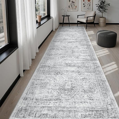 Soalmost Runner Rug 3x10 Washable Non-Slip Hallway Runner Rugs for Kitchen Bathroom Laundry Room Grey Vintage Floor Carpet Runners for Hallways Entryway