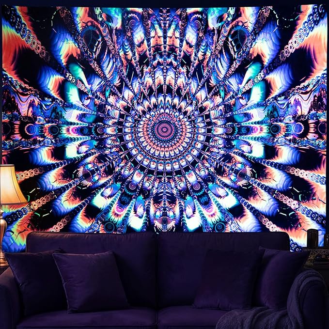 PRRPRR Blacklight Mandala Tapestry for Bedroom, UV Reactive Trippy Wall Tapestry, Bohemian Aesthetic Wall Art Decor for Adults Teens (Mandala Orange, 78"x59")