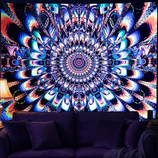 PRRPRR Blacklight Mandala Tapestry for Bedroom, UV Reactive Trippy Wall Tapestry, Bohemian Aesthetic Wall Art Decor for Adults Teens (Mandala Orange, 78"x59")
