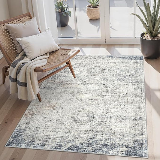 Soalmost 3x5 Rug, Small Area Rug for Kitchen, Entryway, Machine Washable Non-Slip Throw Rug, Vintage Carpet for Nursery Coffee Table Blue Ivory
