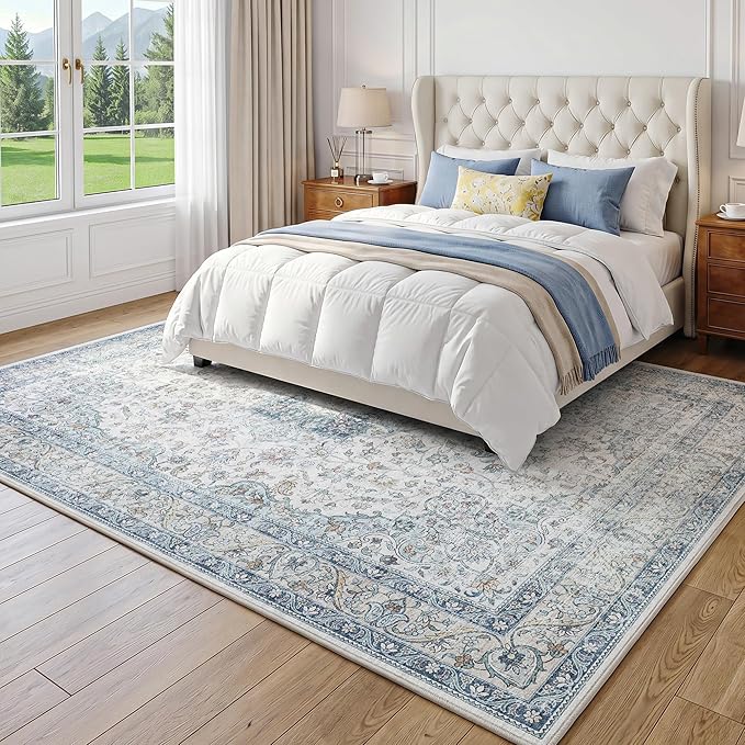FMFUNCTEX 5x7 Blue Washable Area Rug Vintage Distressed Oriental Non Slip Low Pile Neutral Indoor Carpet for Living Room Bedroom Soft Retro Floral Thin Large Rug for Dining Nursery Office Dorm