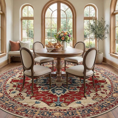 RELEANY Area Rugs Round 8ft Washable Non-Slip, Floral Vintage Distress Print Pattern Medallion Carpet for Living Room Bedroom Dining Room, Red Blue