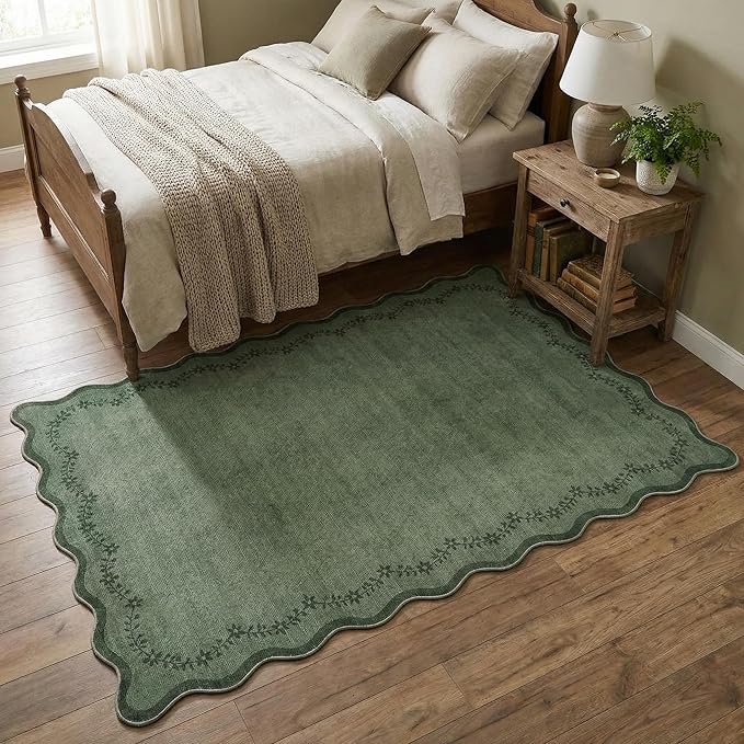 GarveeHome 3x5 Scalloped Washable Area Rug for Bedroom,Soft Solid Dark Green Entryway Rug Farmhouse Kitchen Mat Non Slip Low Pile Carpet Stain Resistant Throw Rug for Bedside Kids Room
