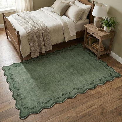 GarveeHome 3x5 Scalloped Washable Area Rug for Bedroom,Soft Solid Dark Green Entryway Rug Farmhouse Kitchen Mat Non Slip Low Pile Carpet Stain Resistant Throw Rug for Bedside Kids Room