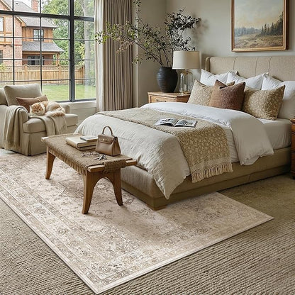 PureCozy Taupe 6x9 Area Rug Washable Vintage Living Room Carpet Non Slip Retro Distressed Low Pile Soft Oriental Medallion Thin Large Throw Rug for Office Bedroom Dining Room Playroom