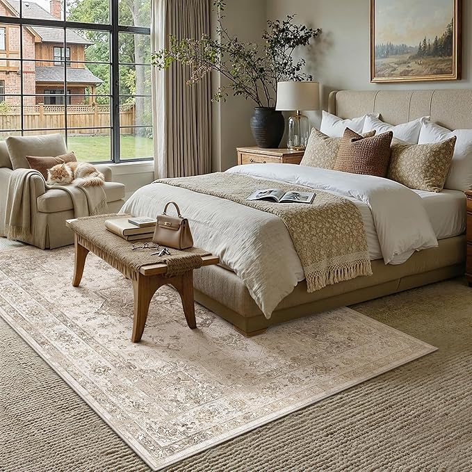 PureCozy Taupe 5x7 Area Rug Washable Vintage Living Room Carpet Non Slip Retro Distressed Low Pile Soft Oriental Medallion Thin Throw Rug for Kitchen Bathroom Office Bedroom Dining Room