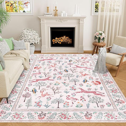 DUKINO 5x7 Rug, Washable Animal Living Room Rug with Non Slip Vintage Design, Soft Low Pile Large Carpet for Bedroom, Nursery, Dining Room, Farmhouse, Playroom, Pink