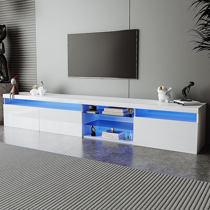 Merax Unique Design TV Stand with 2 Glass Shelves and LED Color Changing Lights, Ample Storage Space Media Console for Television Up to 100", Versatile Cabinet for Living Room, White