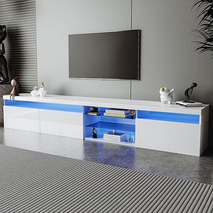 Merax Unique Design TV Stand with 2 Glass Shelves and LED Color Changing Lights, Ample Storage Space Media Console for Television Up to 100", Versatile Cabinet for Living Room, White