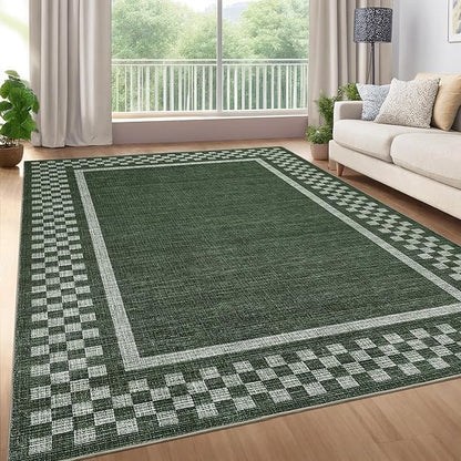 GarveeHome 5x7 Washable Area Rug for Bedroom Living Room Non Slip Modern Bordered Throw Rugs Low Pile Soft Checkered Dining Room Area Rugs Geometric Throw Carpet for Kitchen Nursery Office, Green