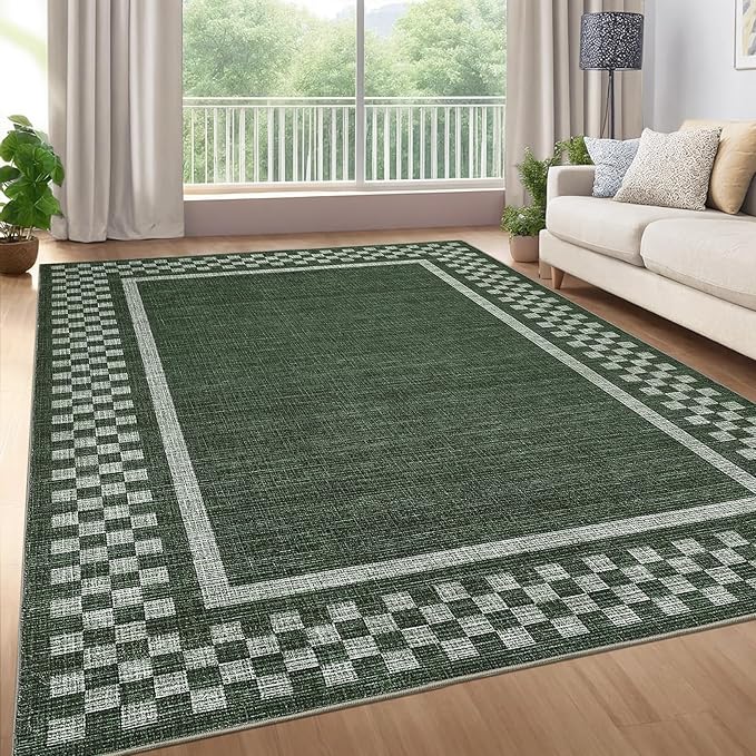 GarveeHome Area Rug 9x12 Living Room Rug Modern Bordered Soft Large Area Rugs for Bedroom Washable Checkered Dining Room Throw Carpet Non Slip Stain Resistant Geometric Rugs for Home Office, Green