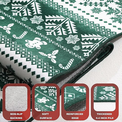 Area Rugs for Bedroom, 6x9 Ft Indoor Washable Rugs for Entryway Snowflake Print Living Room Carpet, Farmhouse Welcome Front Door Mat Non Slip Carpet for Entrance Porch Bath Kitchen, Green/White