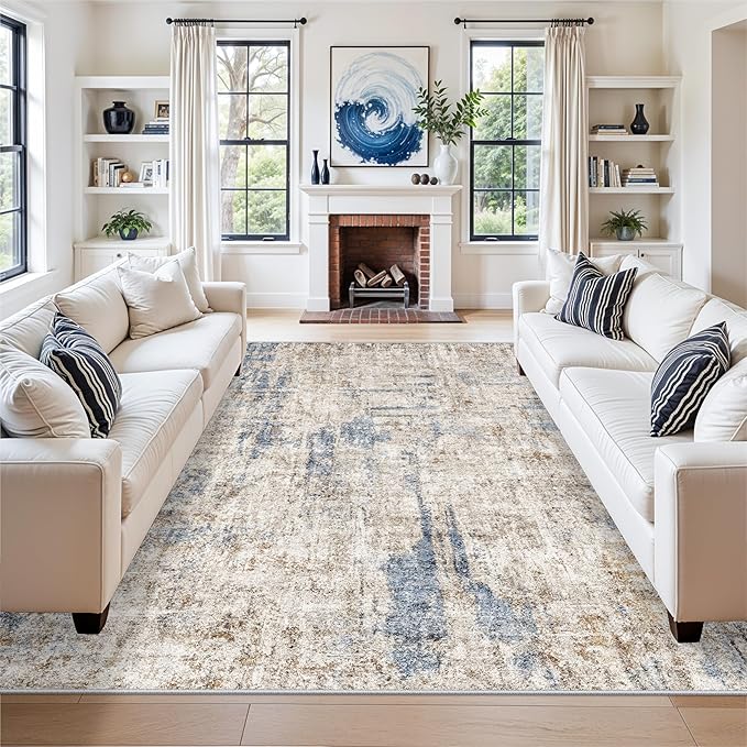 8x8 Square Area Rug Living Room – Non-Slip Washable Large Floor Carpet for Bedroom Dining Room Playroom Room – Modern Abstract Neutral Thin Low-Pile Big Indoor Rug (Blue Brown)