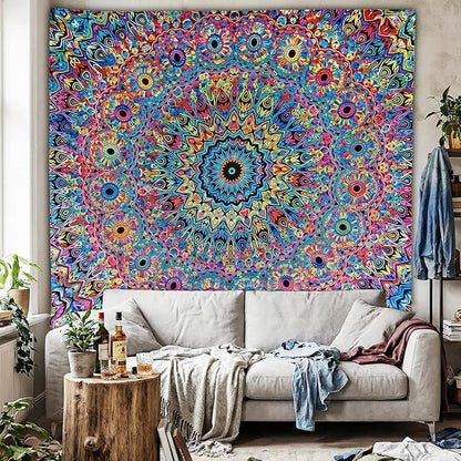 PRRPRR Blacklight Mandala Tapestry for Bedroom, UV Reactive Trippy Wall Tapestry, Bohemian Aesthetic Wall Art Decor for Adults Teens (Mandala, 78"x59")