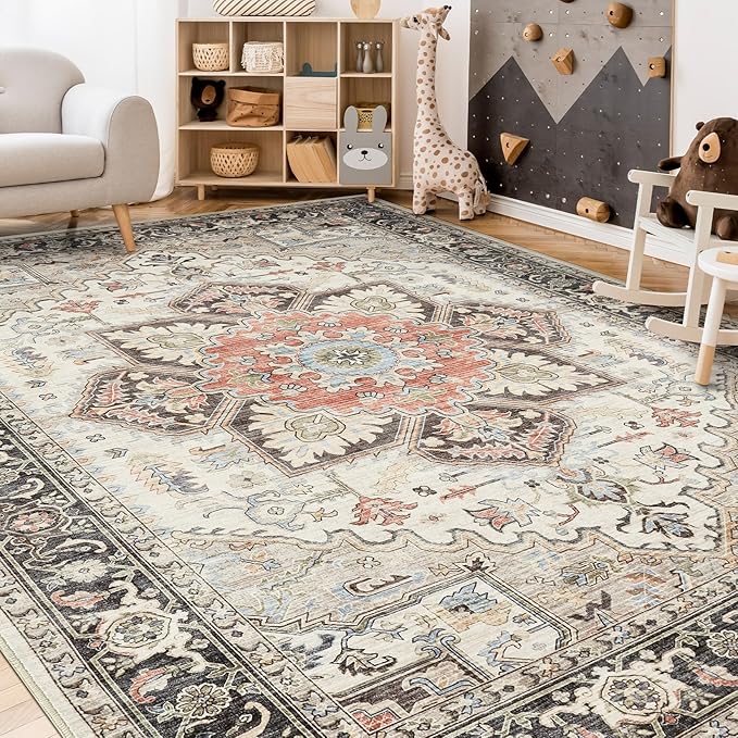 Area Rug for Living Room - 8x10 Soft Machine Washable Oriental Vintage Floral Distressed Large Indoor Floor Carpet for Bedroom Under Dining Table Home Office Decor - Multi Cream