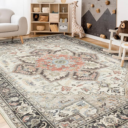 Area Rug for Living Room - 8x10 Soft Machine Washable Oriental Vintage Floral Distressed Large Indoor Floor Carpet for Bedroom Under Dining Table Home Office Decor - Multi Cream