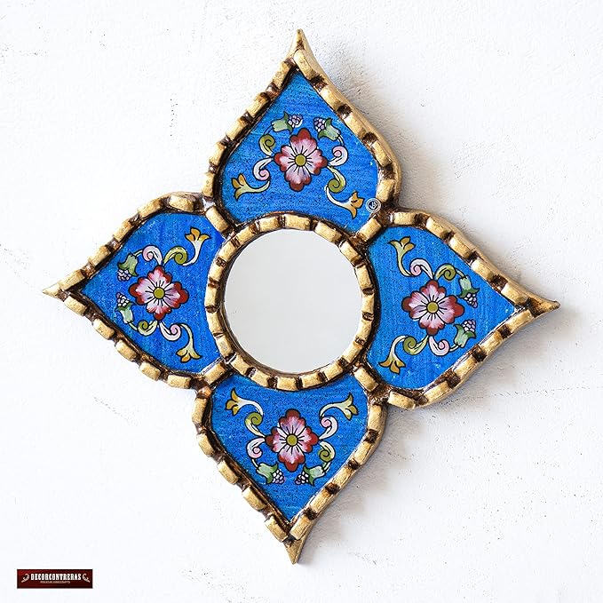 Peruvian Painted Glass Mirror with Bronze Leaf Framed - Handmade Diamond Mirror 6in for Gallery wall (Blue)