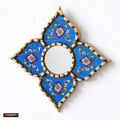 Peruvian Painted Glass Mirror with Bronze Leaf Framed - Handmade Diamond Mirror 6in for Gallery wall (Blue)