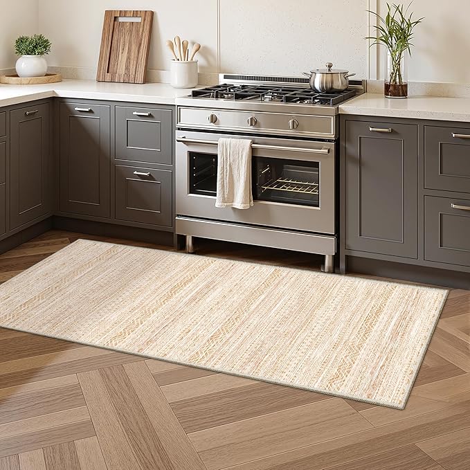 Miukiki 2x6 Hallway Runner Rug Moroccan Washable Kitchen Rug Non Slip Indoor Floor Kitchen Runner Rug Foldable Carpet for Bathroom Laundry Room with Low Pile(Beige,2'x6')
