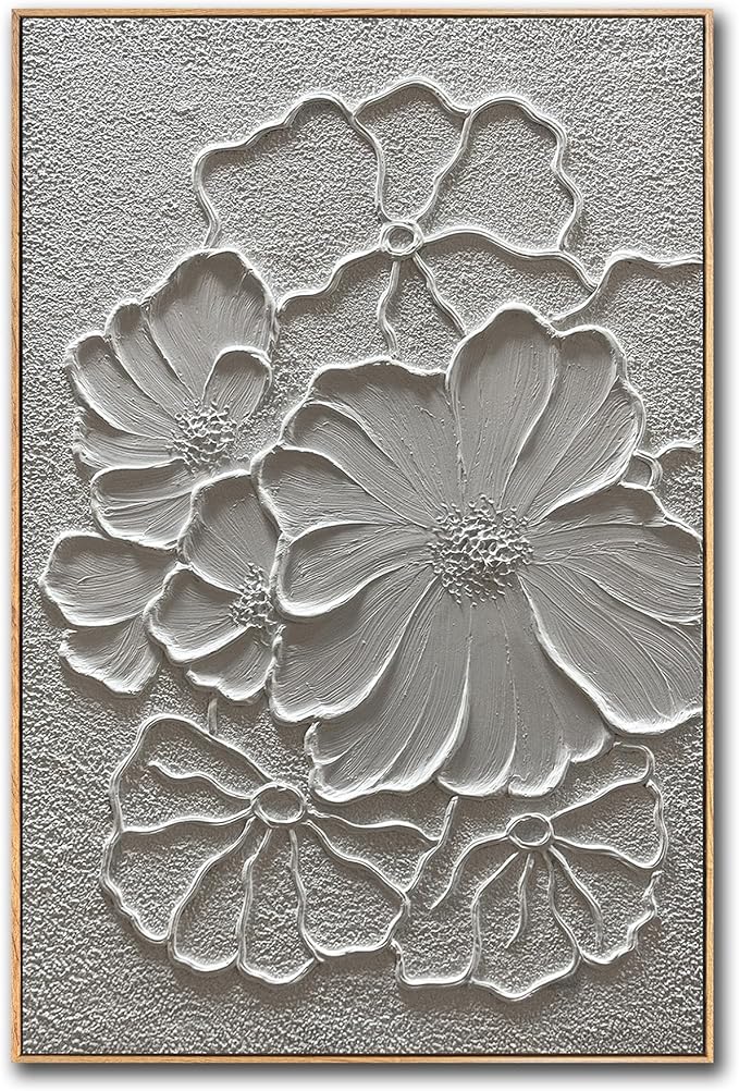 Boiee Art,24x36Inch Handmade Pure White Flower Framed Elegant Wall Art Textured Acrylic Canvas Artwork Abstract Floral Oil Paintings