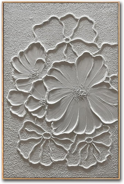 Boiee Art,24x36Inch Handmade Pure White Flower Framed Elegant Wall Art Textured Acrylic Canvas Artwork Abstract Floral Oil Paintings