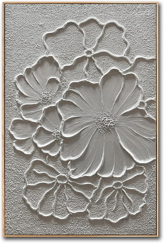 Boiee Art,24x36Inch Handmade Pure White Flower Framed Elegant Wall Art Textured Acrylic Canvas Artwork Abstract Floral Oil Paintings