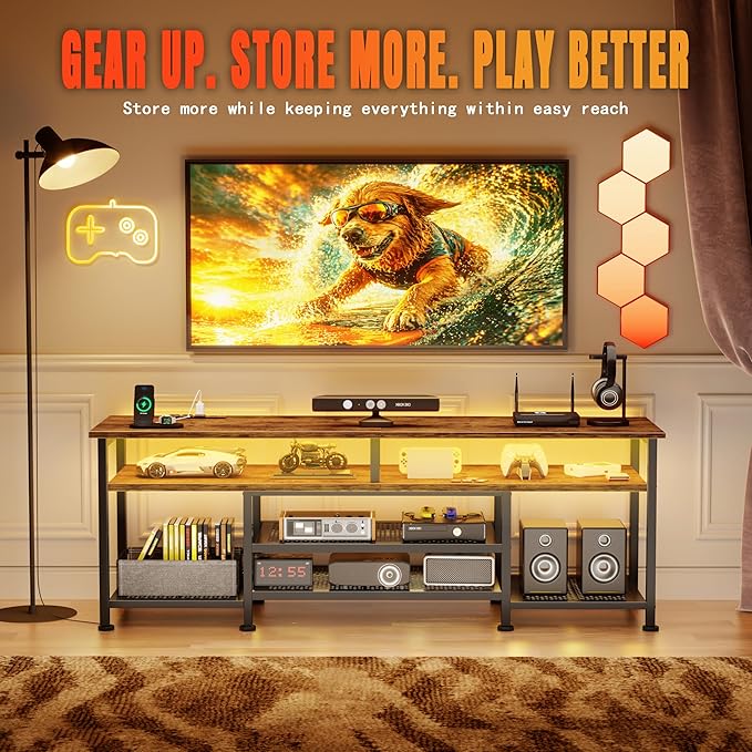 Korfile TV Stand for 60/65/70 inch TV,63 InEntertainment Center with LED Lights and Power Outlets, TV Console Table with Open Shelves for Living Room and Bedroom, Rustic Brown
