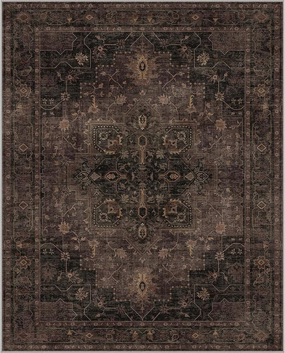 GENIMO 9x12 Area Rugs for Living Room, Machine Washable Rug, Non Slip Indoor Vintage Rug, Low Pile Lightweight Chenille Print Carpet for Bedroom Dining Room Home Office, Charcoal Brown