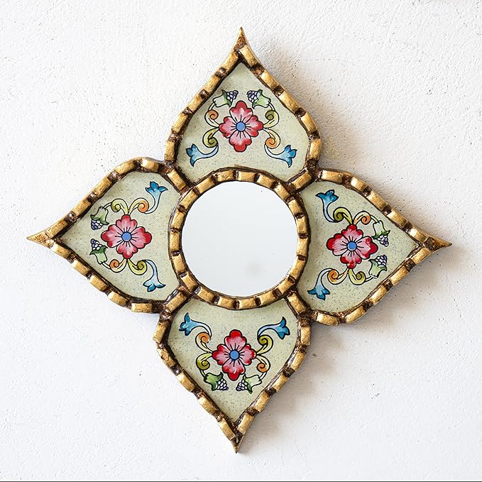 Small Peruvian Mirror, Handmade Artisan Mirror Wall Decor, Reverse Painted Glass Diamond Shape Mirrors 8.26" (Beige)