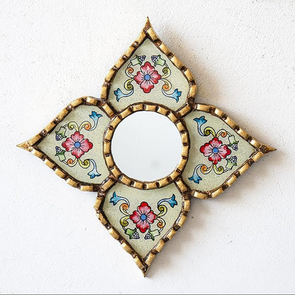 Small Peruvian Mirror, Handmade Artisan Mirror Wall Decor, Reverse Painted Glass Diamond Shape Mirrors 8.26" (Beige)